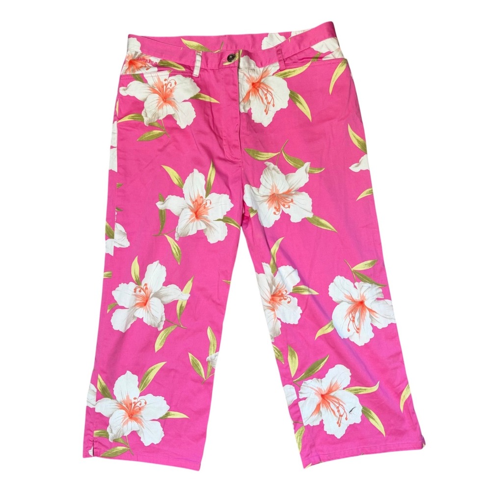 Lauren Ralph Lauren Floral Capri Pants Womens 12 Pink Tropical Hawaiian Stretch